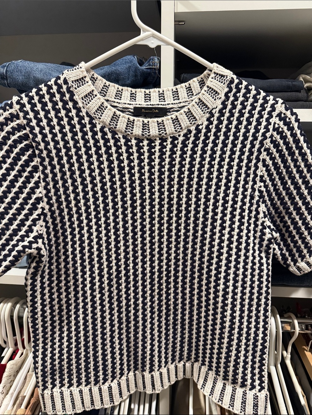 Massimo Dutti Navy & White Textured Short-Sleeve Knit